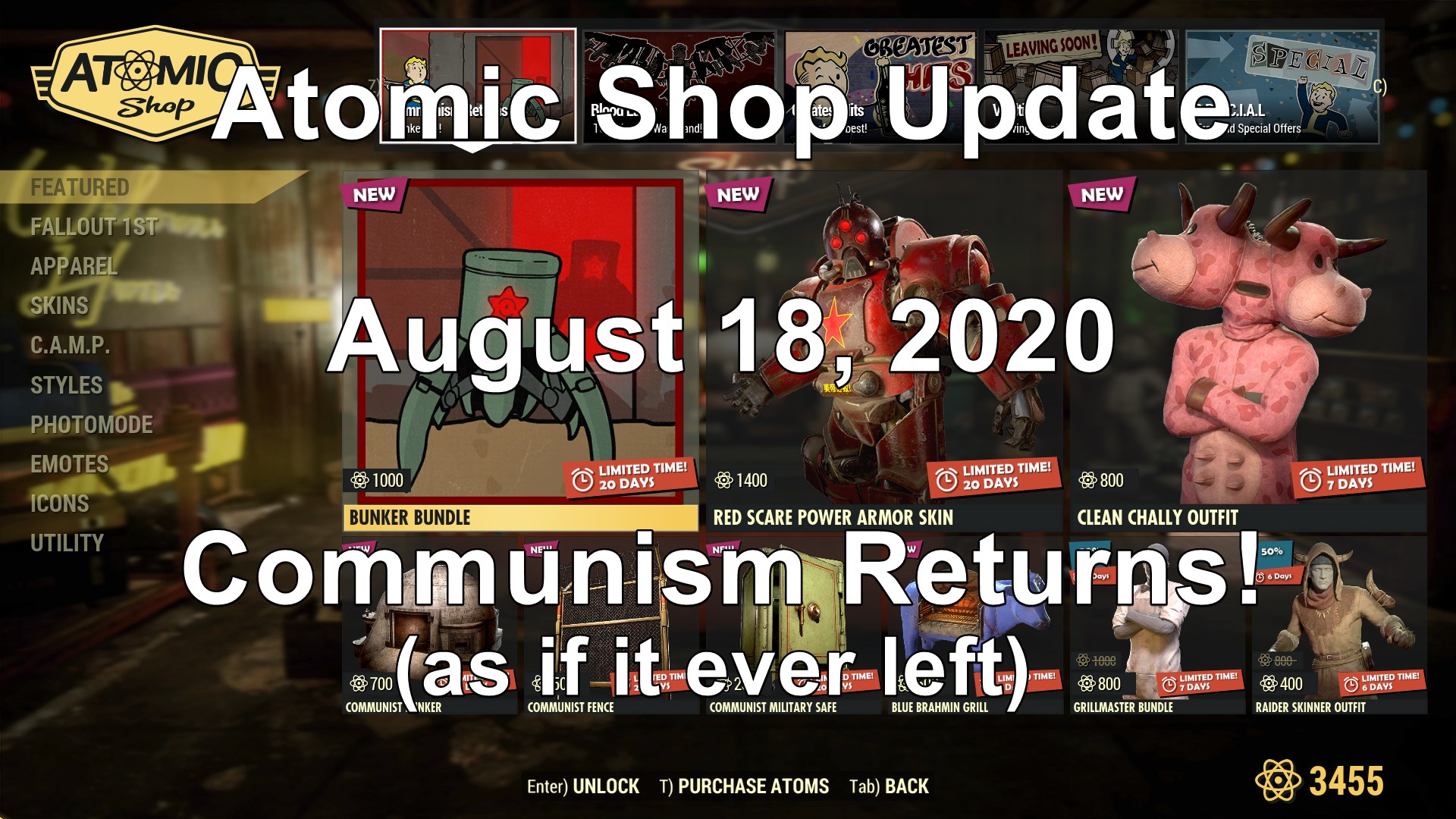 Atomic Shop Update Aug 18, 2020 Communism Spy Bundle fallout76